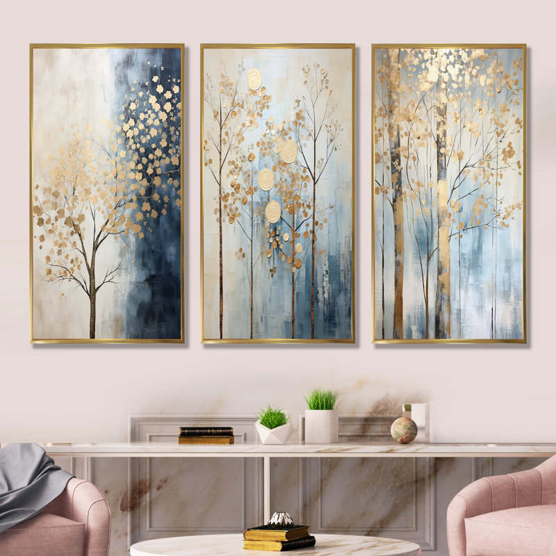 Or et bleu, trésors, paysages, arbres, ensemble de 3 impressions sur toile, Cadre flottant doré, H 28 po x l 36 po