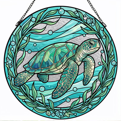 Sea Turtle Stained Glass Window Panel，12"H