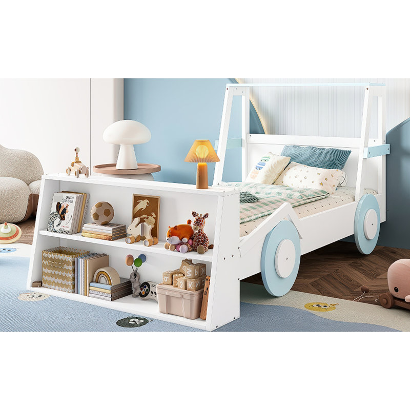 Twin Car Bed With Blue And White Color Pattern, Storage For Books Nighttime Gear, Low Platform Easy Climb, Comfortable Sleep & Look, Stuff, Independent Movement, Secure Setup