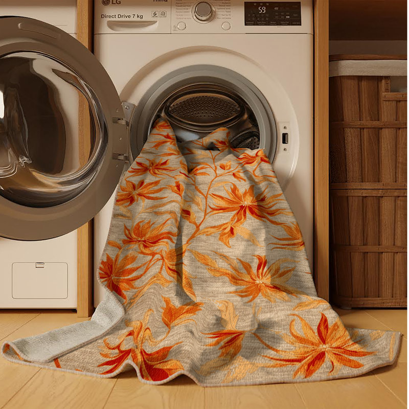 Tapis botanique beige lavable à la machine, Carré 5 pi