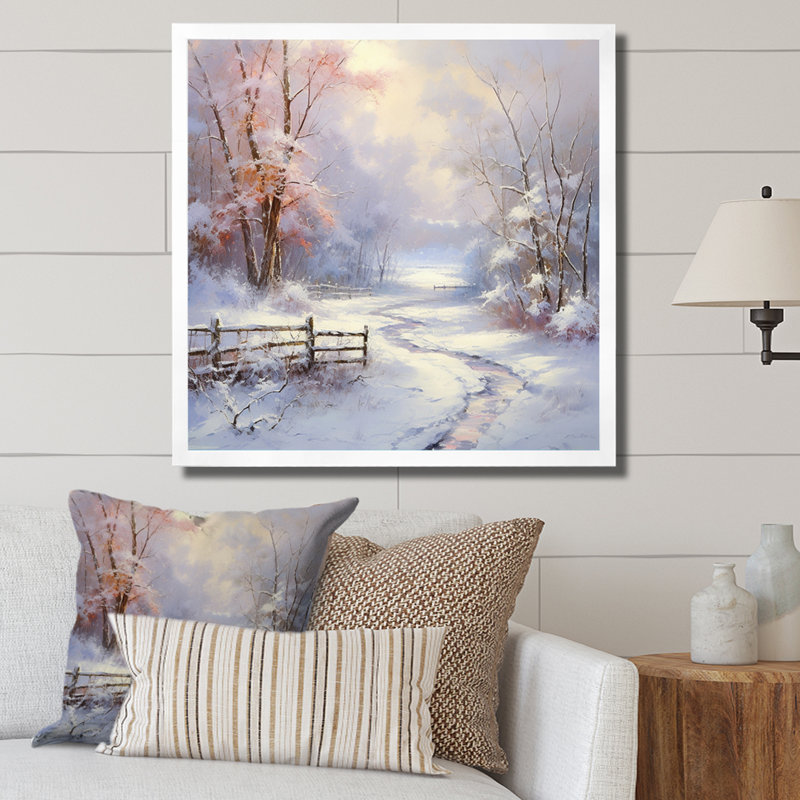 Winter's Silente River - Neige, art mural, H 36 po x l 36 po x P 1,5 po, Cadre simple blanc