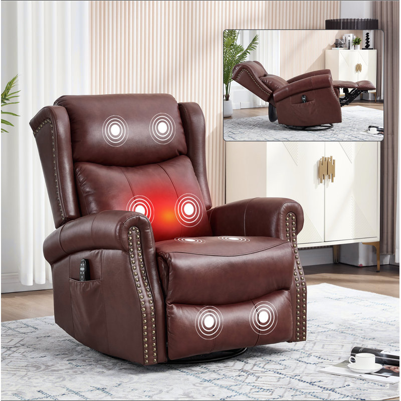 Fauteuil inclinable manuel à massage thermique avec chaise berçante et pivotante en cuir véritable pour le salon
