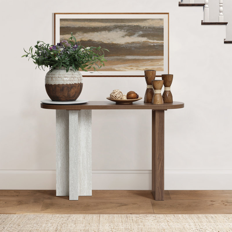 47.2" Modern Console Table with Travertine-Style Top and Walnut Finish