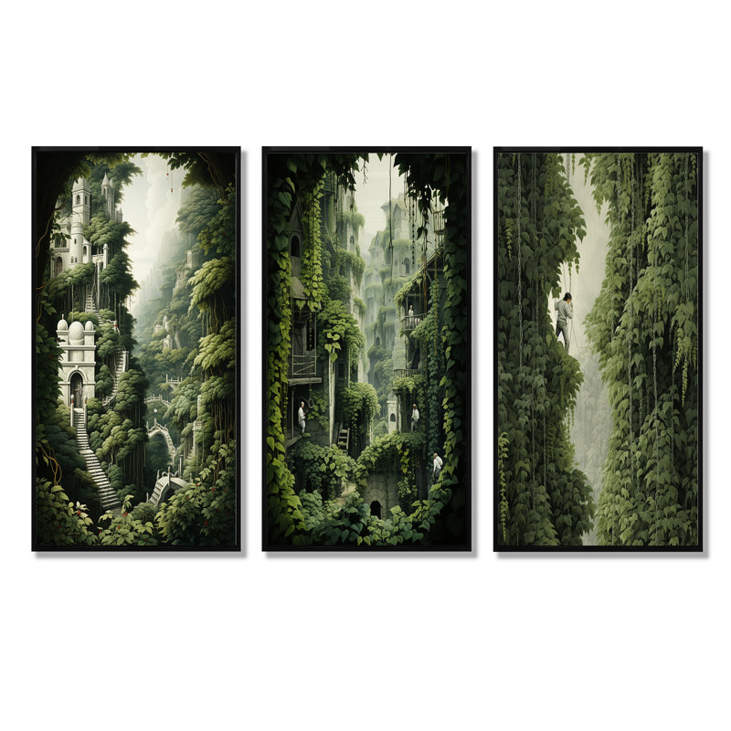 Château caché forêt dévoilée I - ensemble de 3 décorations murales forêt, Cadre flottant noir, H 32 po x l 48 po