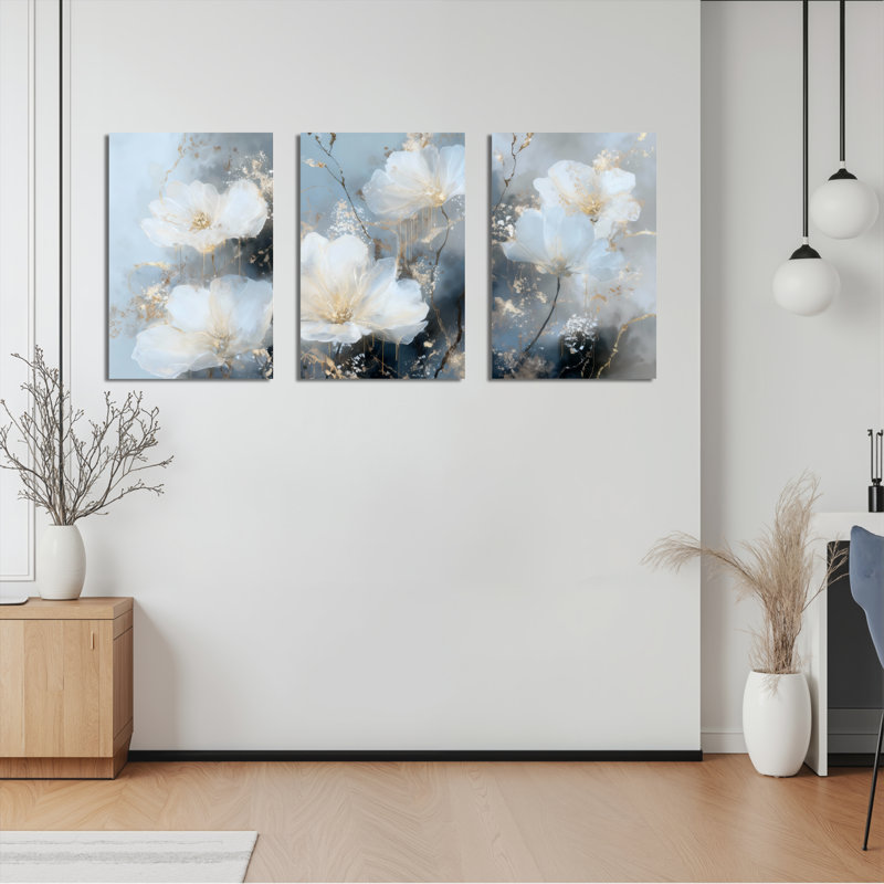 Ensemble de 3 tableaux abstraits floraux blancs sur toile tendue, pour la décoration du salon, H 18 po x l 36 po