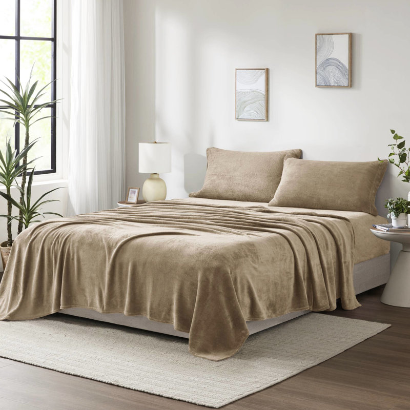 4 pièces pour grand lit taupe - 100% ultra doux et confortable brossé des deux côtés avec 2 taies d'oreiller plates ajustées