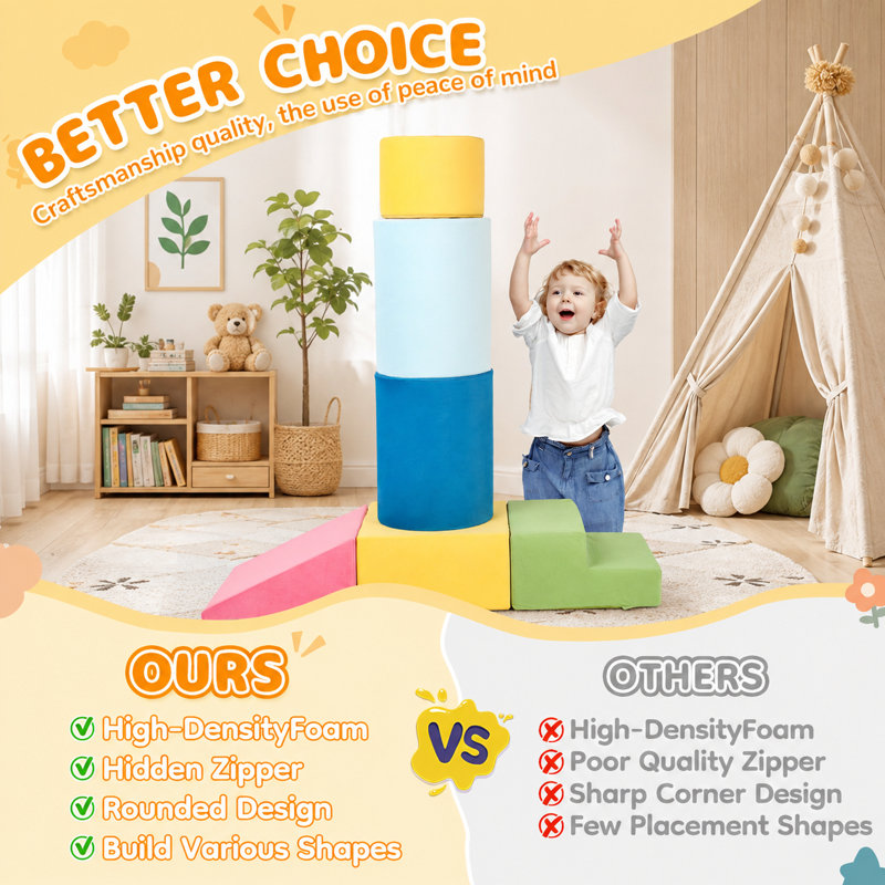 7 pièces blocs d'escalade en mousse colorée, jeu d'escalade modulaire, jeu de rampe et de jeu d'intérieur pour tout-petits de 1 à 3 ans