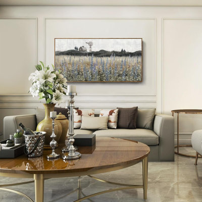 Grand art mural encadré pour le salon, nature sauvage, paysage, reproduction sur toile, campagne rustique, paysage, campagne, champ de fleurs sauvages, pré, moulin à vent, œuvre d'art, grange, l 60 po x H 30 po