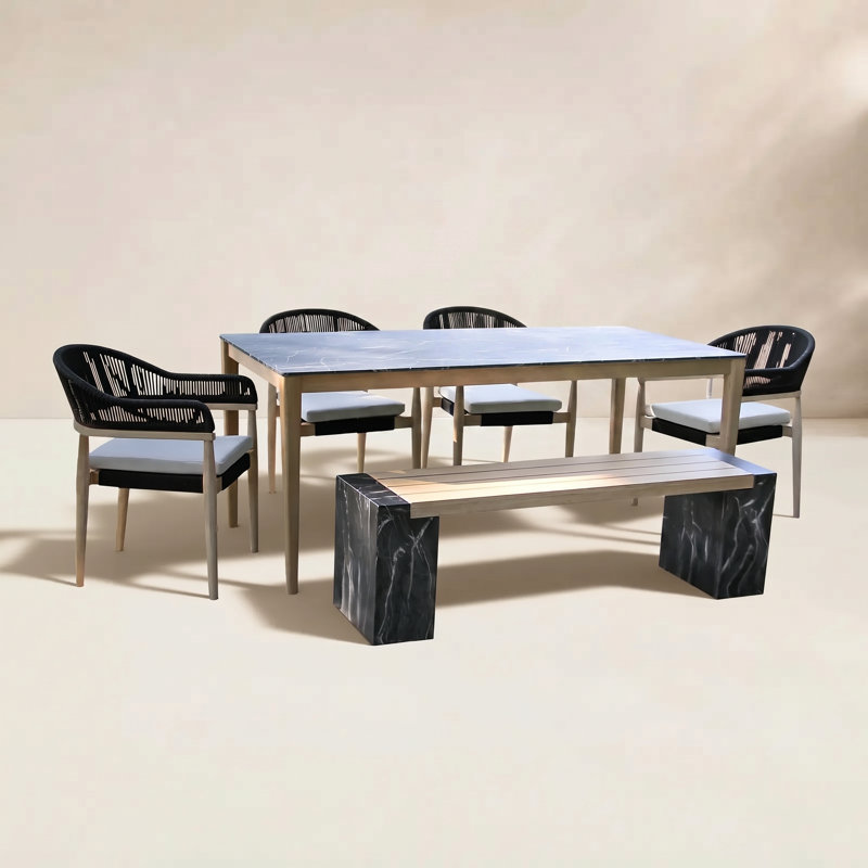  Posey 6 pièces Table de salle à manger en marbre avec banc et chaises en osier de blé, Noir