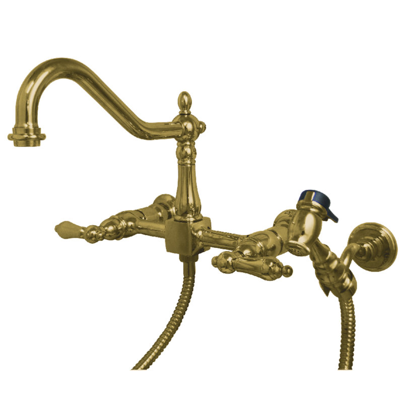 Kingston Brass Heritage Double-Handle 3-Hole Wall-Mount Bridge Kitchen Faucet with Brass Sprayer, Polished Brass