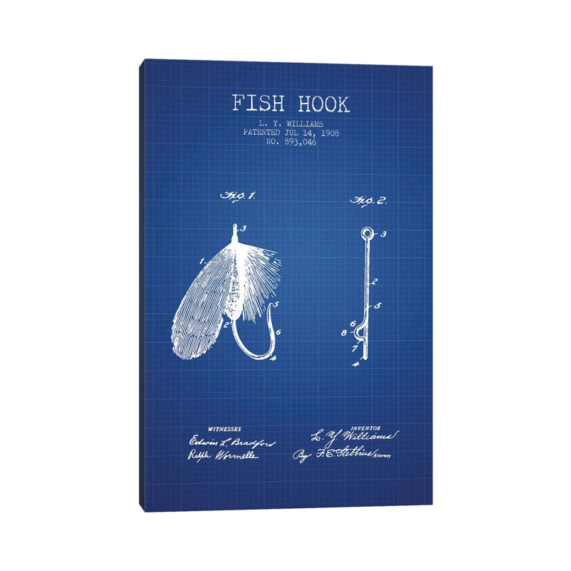 L.Y. Williams Fish Hook Patent Sketch (Blue Grid) by Aged Pixel - Wrapped Canvas Painting
