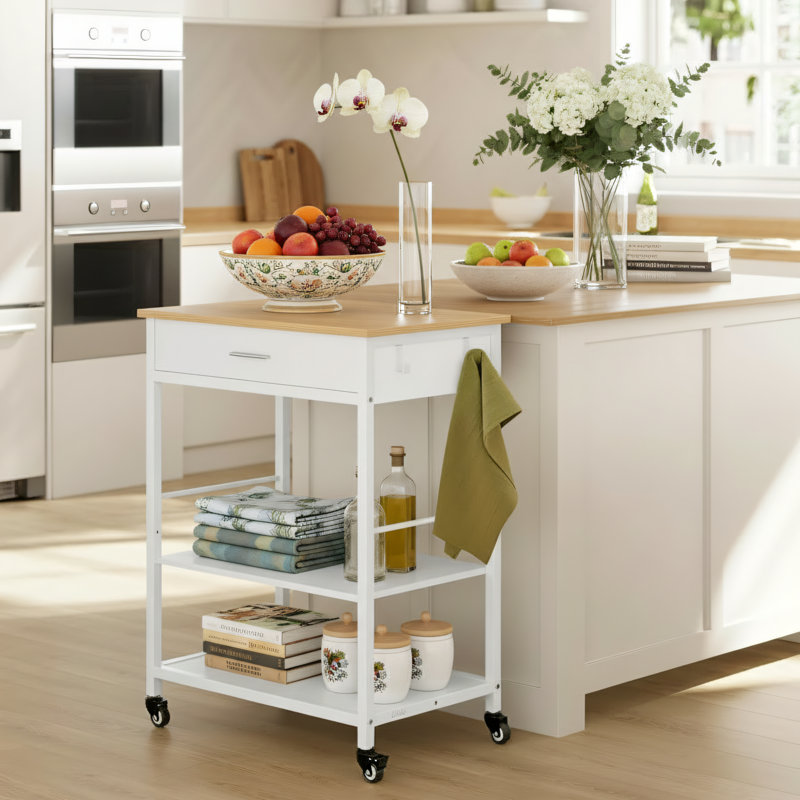 Oak Beige And Matte White Kitchen Island With Wheeled Storage Trolley, Drawers, And 2 Hooks. 17.9 X 23.7 X 35.6 Inches, Suitable For Dining Rooms.