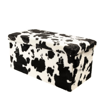 30" Black and White Faux Fur Cow Print Storage Ottoman