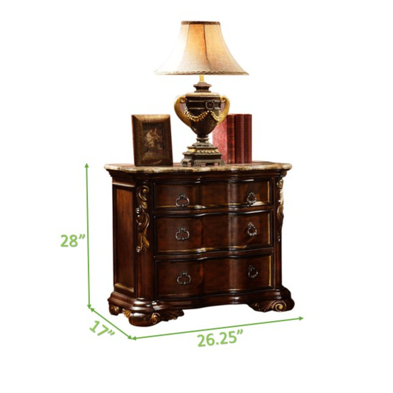 Chambre traditionnelle 5 pièces (taille Queen) en noyer foncé : tête de lit capitonnée, commode à 9 tiroirs, 3 tables de chevet, commode avec miroir intégré et plateau en marbre.