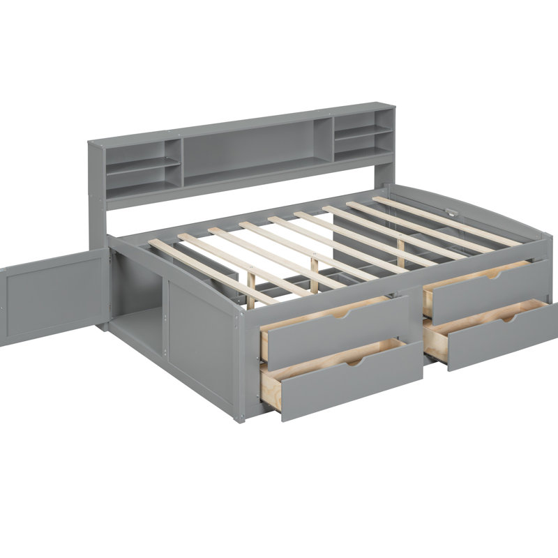 Lit de jour pleine grandeur gris avec armoires de chevet, 4 tiroirs et tablettes - Structure robuste, solution d'organisation de chambre à coucher 2