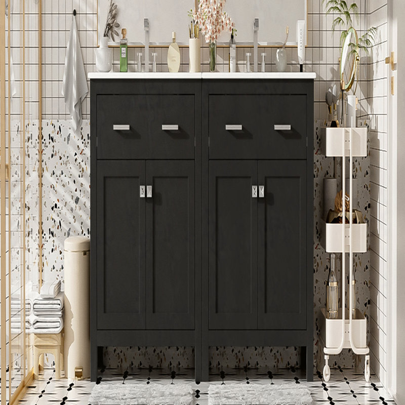 Ensemble de meuble-lavabo moderne 60 po avec lavabos doubles (séparés), lavabos doubles en céramique, tablette réglable, portes à fermeture en douceur et tiroir rabattable - Solution de salle de bain moderne pour salles de bain spacieuses