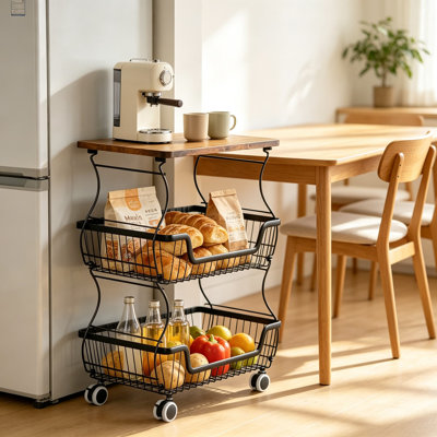 Chariot utilitaire à 3 niveaux avec roulettes, panier de rangement en métal pour fruits et légumes, plateau en bois amovible, chariot de cuisine sur pied pour garde-manger, salle de bain et chambre, montage facile, gain de place, noir
