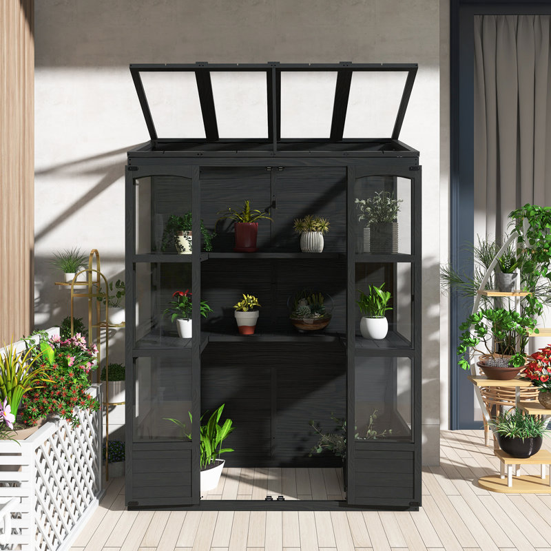 Outdoor 78-Inch Wooden Walk-In Greenhouse Cold Frame With 4 Independent Skylights And 2 Folding Middle Shelves,Anti-Fall Protection,Easy To Assembly