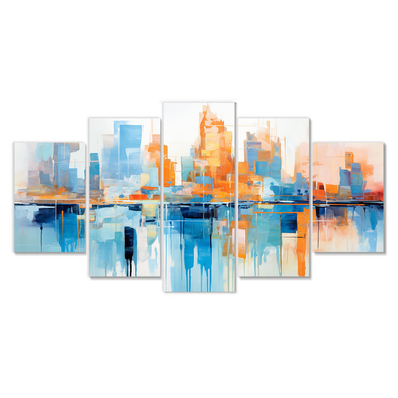 Copper - Art mural abstrait paysage 5 pièces, H 32 po x l 60 po