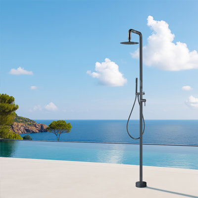 87-2/5" H Temperature Controlled 316 Stainless Steel Freestanding Exposed Outdoor Shower System With Handheld Shower