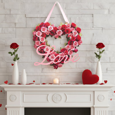 1 couronne de Saint-Valentin pour couronne de cœur romantique avec portes rouges et roses