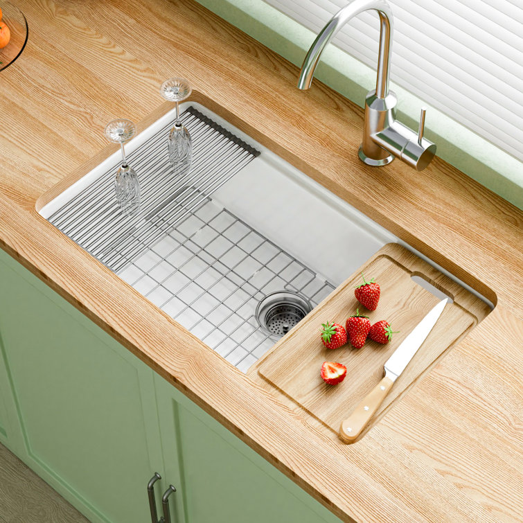 33" L x 19" W Fireclay Workstation Kitchen Sink Single Bowl White with Cutting Board and Bottom Grid