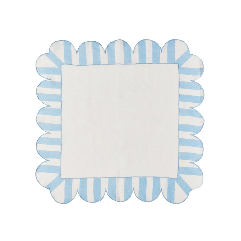 Jardin Embroidered Linen Scalloped Stripe Napkins, Blue/White