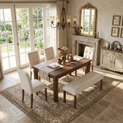Modern 6-Piece Dining Set with Rectangle Table, Upholstered Chairs, and Bench - Space Saving Design for Dining and Living Room