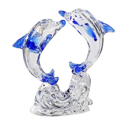 Double Crystal Glass Dolphins Figurines Clear&blue 2