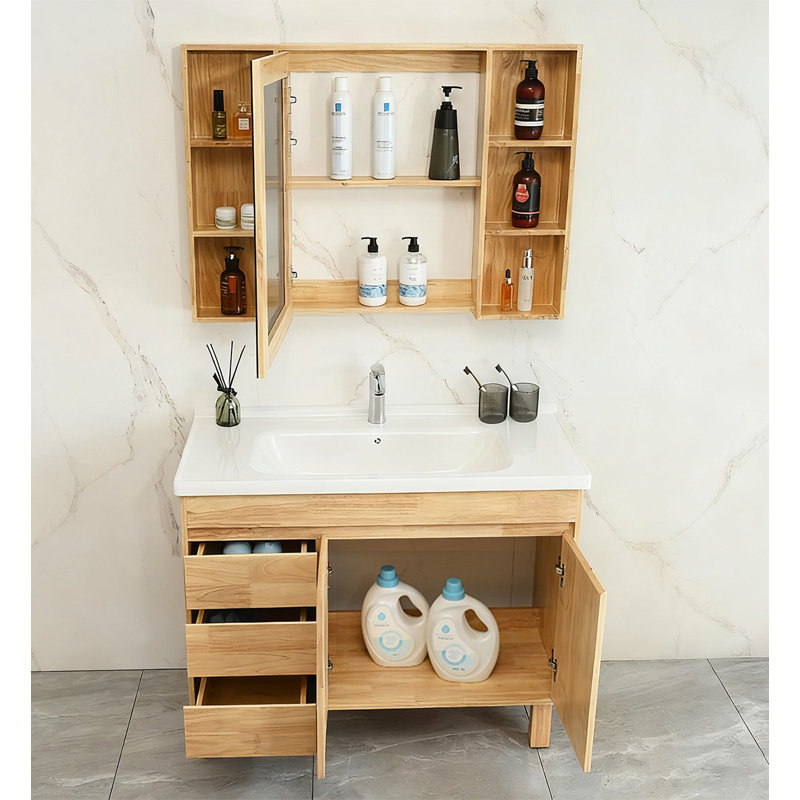 Meuble-lavabo en bois d'hévéa de style nordique avec lavabo en céramique intégré