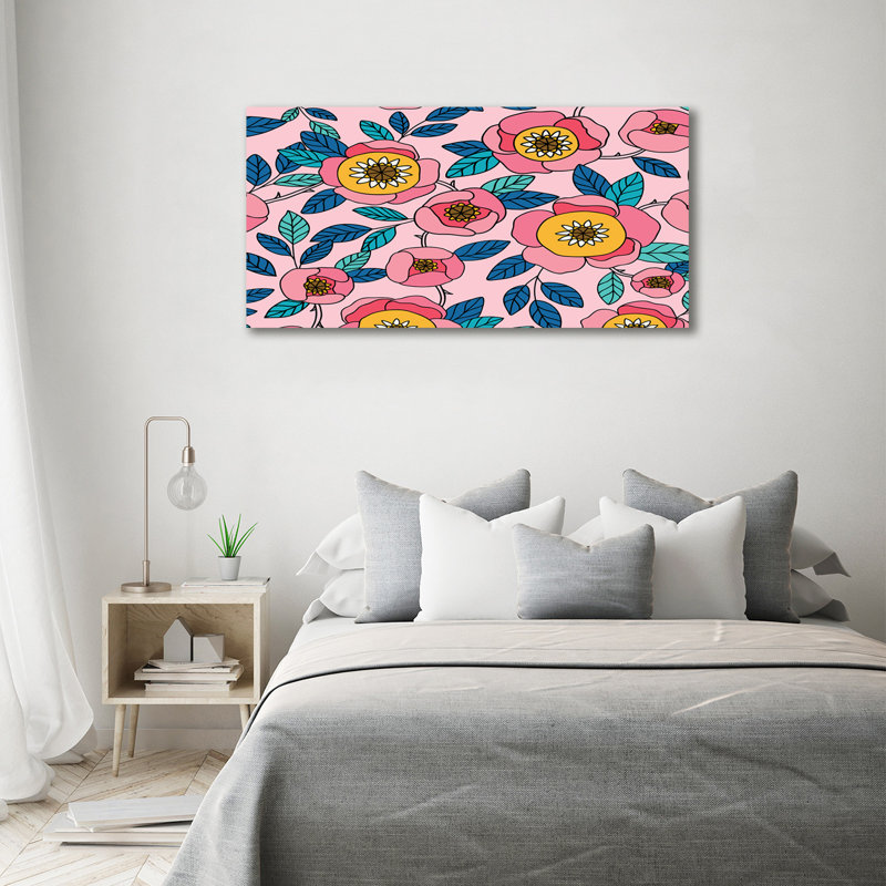 Pink Flowers - No Frame Print on Glass, 70cm H x 140cm W x 2cm D, Canvas