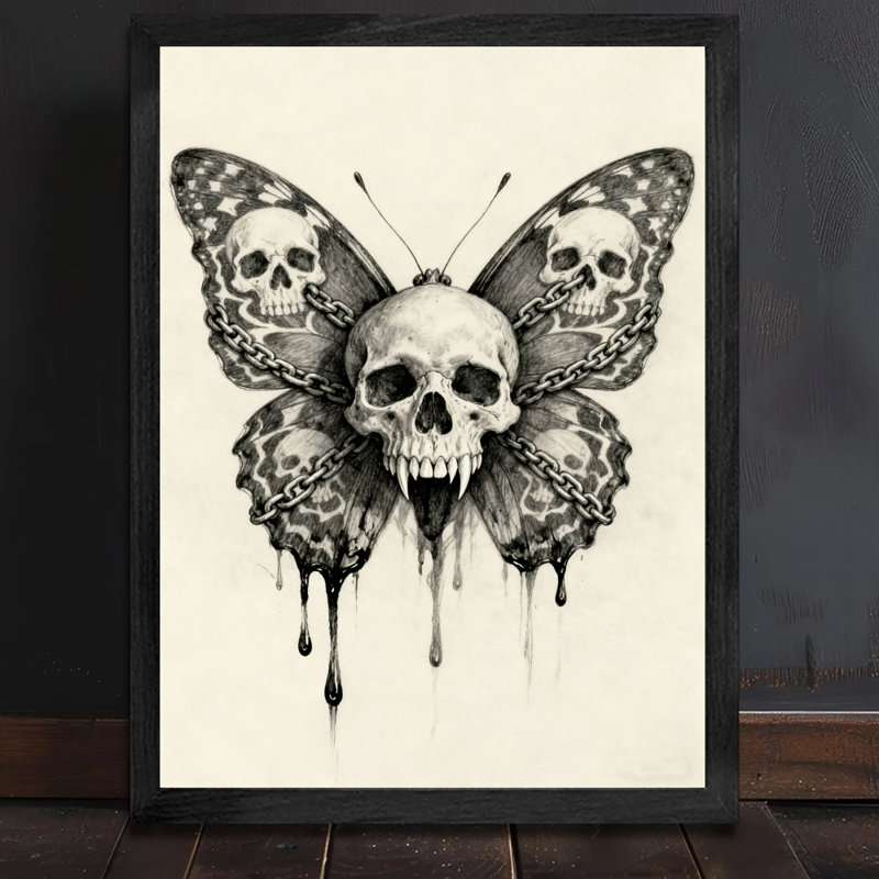 Reproduction d'art encadré noir avec crâne de papillon rétro, H 11 po x l 9 po