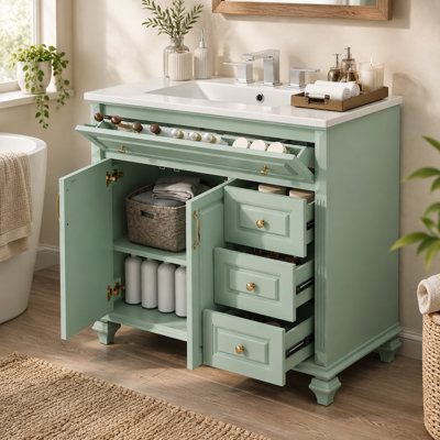 Meuble-lavabo vert autoportant de 92 cm (36,26 pouces) avec dessus en céramique, 3 tiroirs et 2 portes