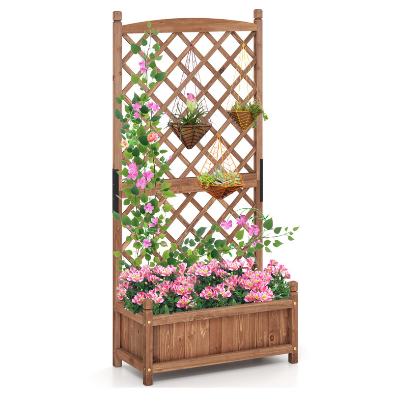 60'' Tall Raised Garden Bed w/ Diamond Lattice Trellis Drainage Holes Outdoor, Brown