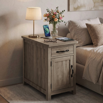 Farmhouse Style Side End Table with Drawer and Cabinet Door, Functional Sofa Side Storage Cabinet for Living Room