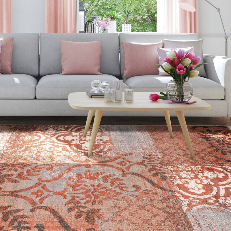 Tapis gris rouille et damassé 5 pi x 8 pi résistant aux taches et à la rouille