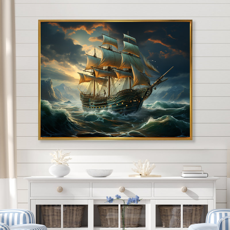 «Pirate Ship Legacy I», art mural pirate, Cadre flottant doré, H 12 po x l 20 po x P 1 po