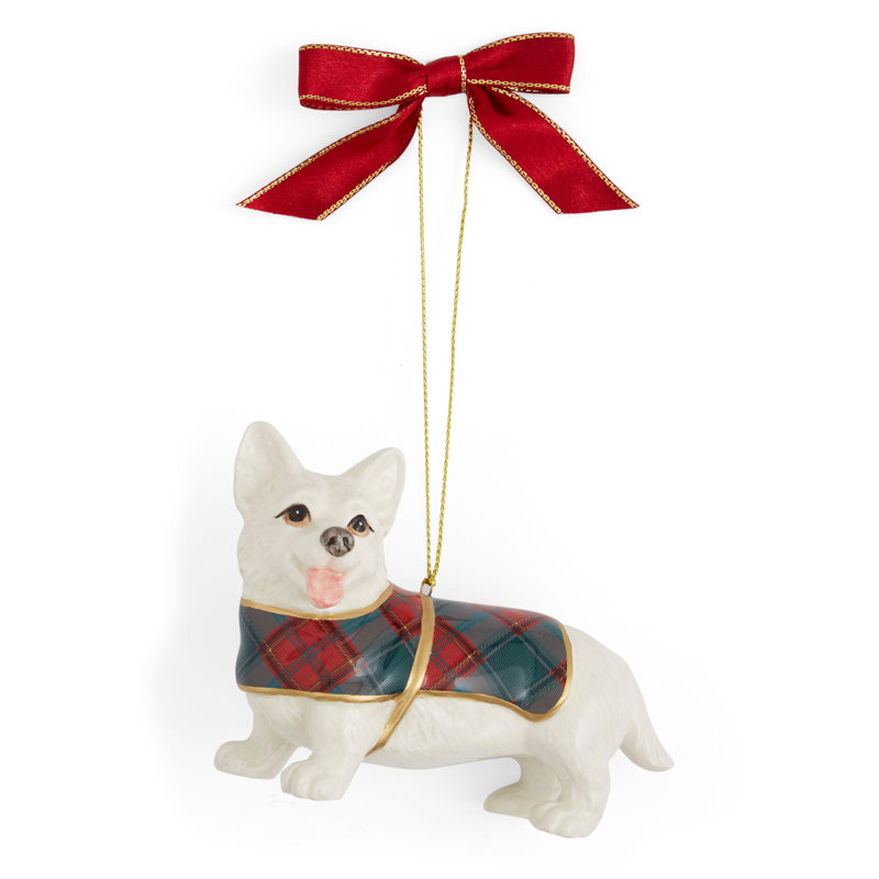 Festive Tartan Plaid Corgi Porcelain Christmas Ornament