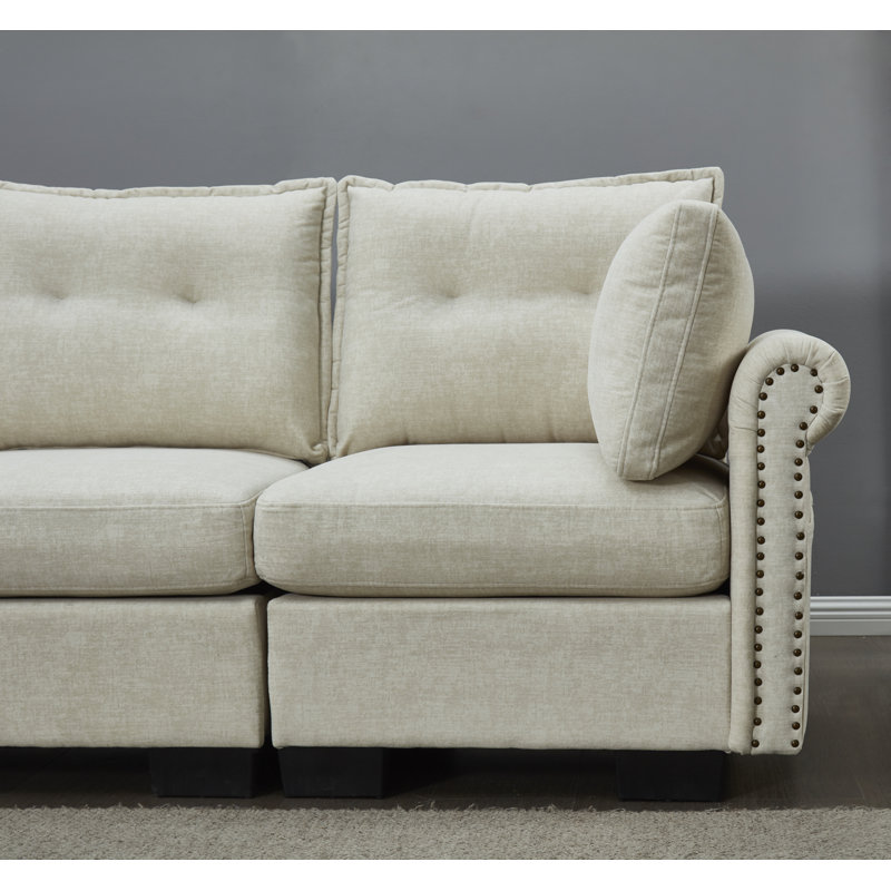 Canapé modulaire 112 po avec méridienne réversible et pouf de 112 po, tissu chenille résistant aux chats, 2 coussins, Beige