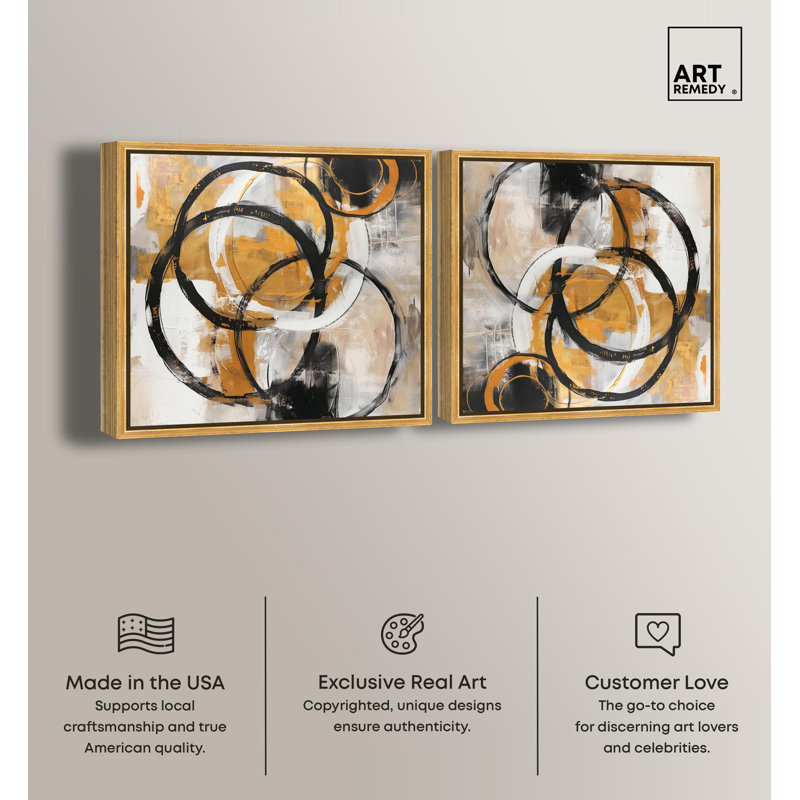 Sepia Orbit Set Canvas Modern Contemporary by Art Remedy, 13" H x 13" W, Gold Framed