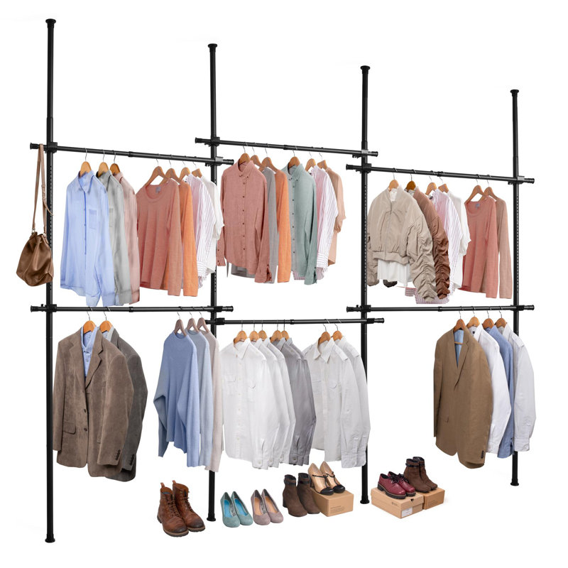 Telescopic Triple Wardrobe Organise Hanging Rail Clothes Rack Adjustable Storage, Black