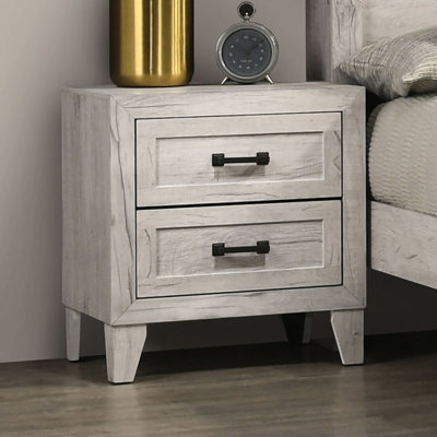 2 - Drawer Contemporary White Wash Bedside Table, Black Bar Pull, Top, French Drawer, Center Metal Glide, Bedroom Decorative Storage Decor Finish Nightstand, Drawers, Design, Handles, Paper Veneer,
