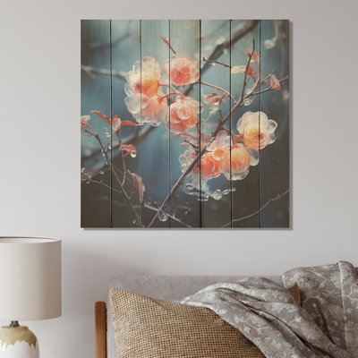 Pink Frost Winter Blueberry Elegance I - Winter Landscape On Wood Print