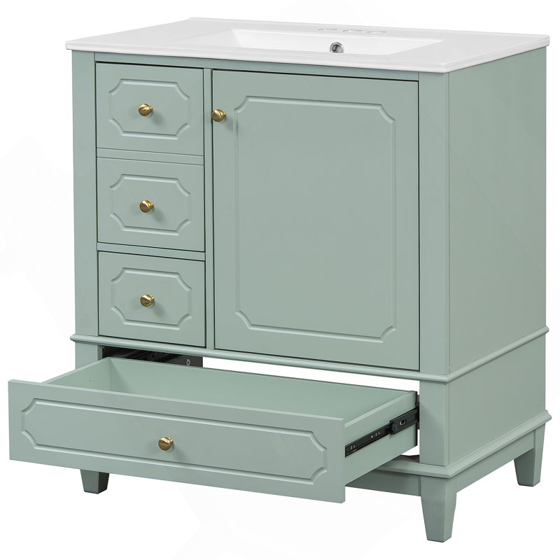 Meuble-lavabo autoportant avec lavabo, structure en bois massif, porte à fermeture en douceur, tiroirs multiples, tablettes de rangement, idéal pour les salles de bain pratiques et élégantes
