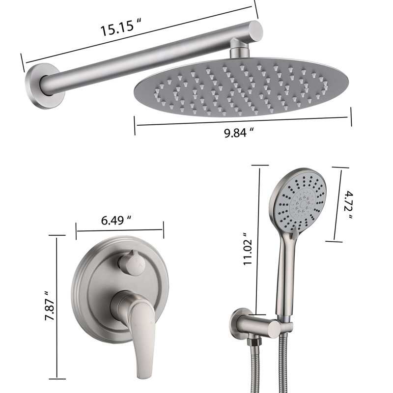 Douche avec tête de pluie haute murale de 10 pouces et 5 têtes de douche à main en acier inoxydable nickel brossé, fabrication