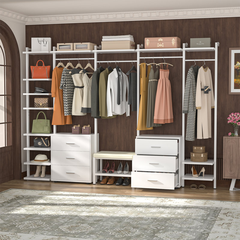 68"-96" Closet Organizer With 6-Drawers,4 Clothing Rack, White
