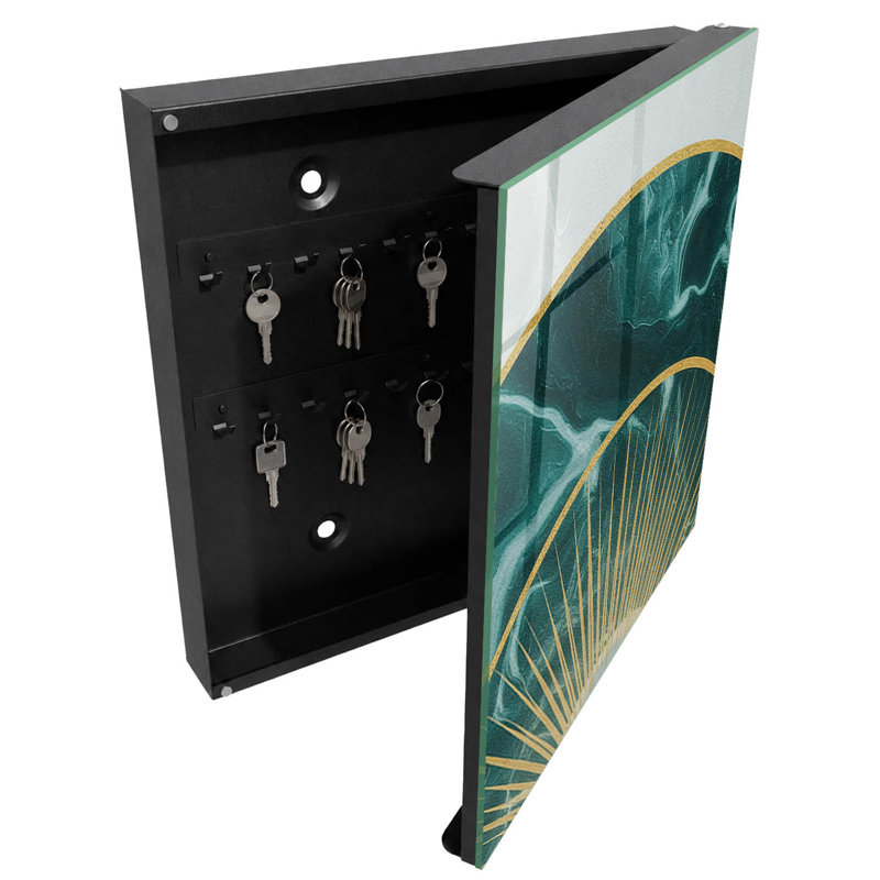 Key box, Opens to the left, 30x30x5, Black, Elegant green golden lines on a marble background, 