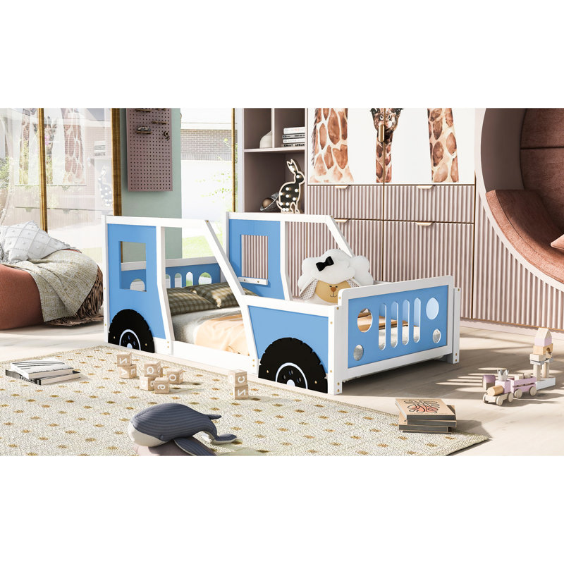 Lit voiture simple simple avec roulettes dans la teinte bleue - Bois de pin robuste et matériaux pour la chambre à coucher