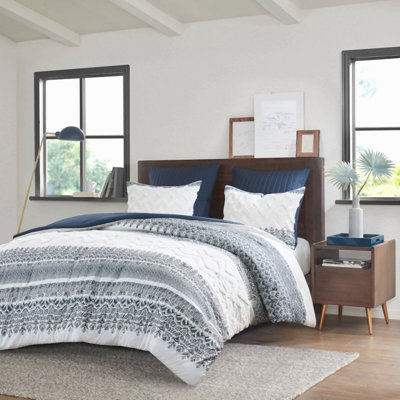 Ensemble d'édredon en coton 3 pièces avec capitonnage en chenille bleu marine double / grand