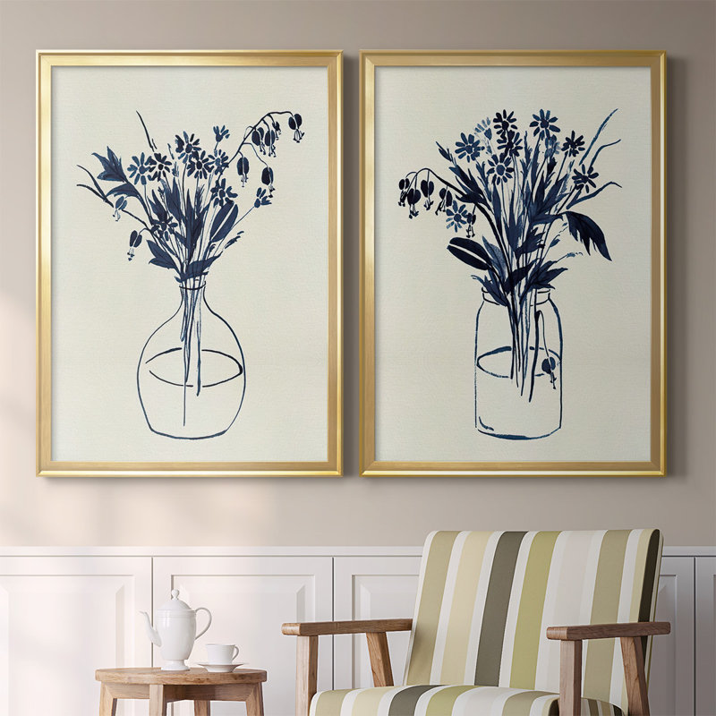 " Indigo Floral Vase I " 2 - Pieces, Gold  , 36.5" H x 53" W x 1.25" D